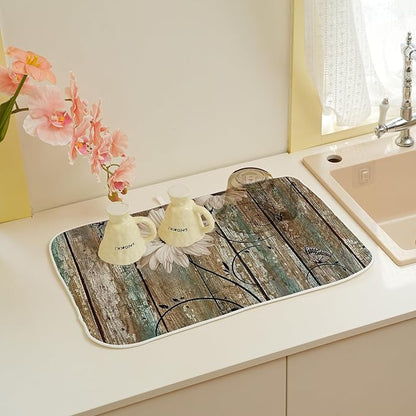 Floral Dish Drying Mat 18x24 Inches For Kitchen Counter Brown Daisy Flower Kitchen Decoration Drying Mat Decorative Floral Drying Pad for Kitchen Dining Room Decor