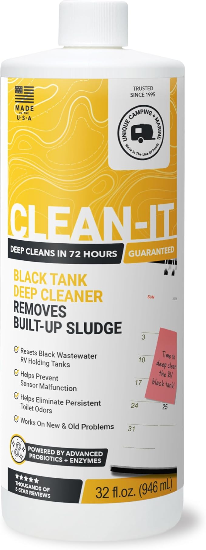 Unique Clean-It RV Black Tank Cleaner Liquid - Effectively Resets Dirty RV Black Tanks - Eliminates Odors and Waste (32 oz) Amazon Exclusive Packaging