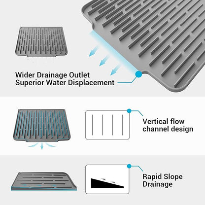 Silicone Dish Drying Mat for Kitchen Counter, Foldable & Heat Resistant Drying Pad with 5° Slope & Wide Drain, 15x12 Inch Non-slip Sink Mat for Bathroom and Countertop.(Dark Grey）