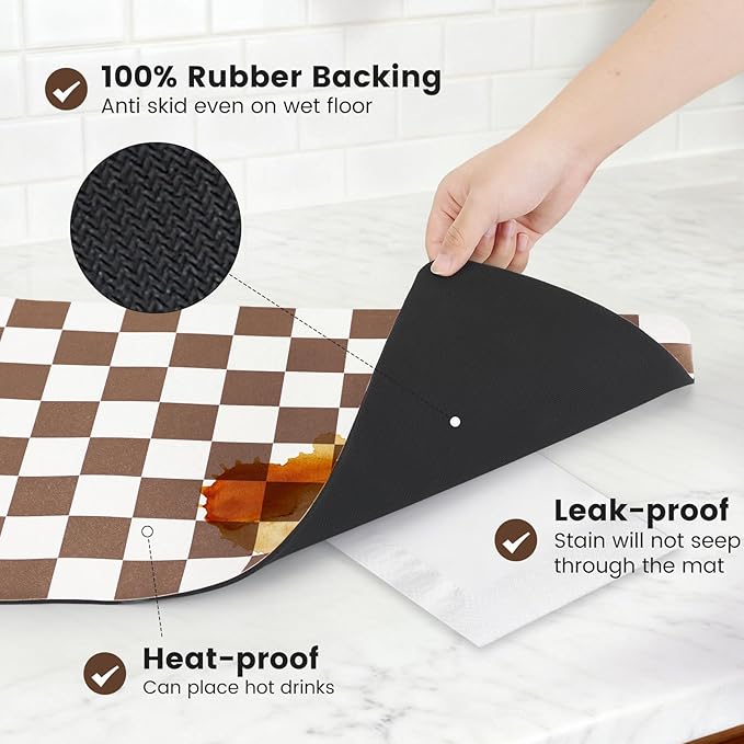 16" x 24" Checkered Dish Drying Mat for Kitchen Counter, Absorbent Coffee Bar Mat for Espresso Machine Coffee Countertops Accessories (Coffee Brown)