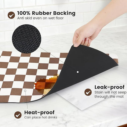 12" x 20" Checkered Dish Drying Mat for Kitchen Counter, Absorbent Coffee Bar Mat for Espresso Machine Coffee Countertops Accessories (Coffee Brown)