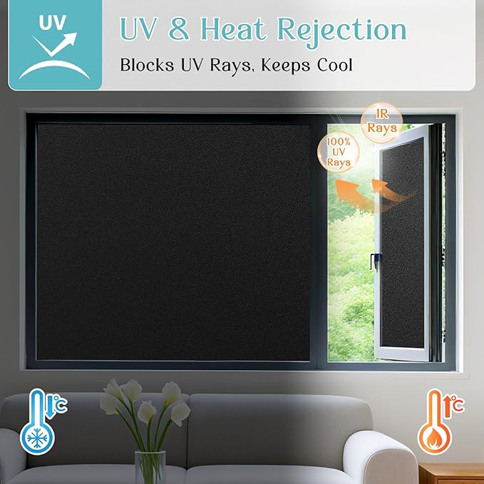 Haton Blackout Window Film Kit, Frosted Privacy Cover for Glass, Sun Light Blocking Black Out Window Tint, Static Cling Room Darkening Heat Control Shades for Home Day and Night, Black 23.6" x 78.7"