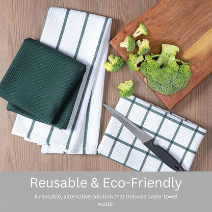 Assorted Waffle Kitchen Towels 100% Cotton Set of 6 - Heavy Duty 320 GSM Quality Dish Cloths Towel - Soft Absorbent Washable for Kitchen Use - Quick Drying Dish Towel 16x26 inch Green