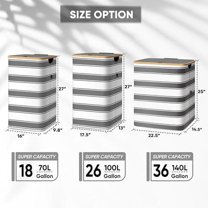 BALEINE Laundry Hamper with Lid, Tall Laundry Baskets with Bamboo Pull Handles, Large Laundry Bin with Internal Support (26 Gal/100L, Grey Stripe)