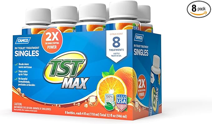 Camco TST MAX RV Toilet Treatment - Formaldehyde Free - Breaks Down Waste And Tissue - Septic Tank Safe - Treats up to 8-40 Gallon Holding Tanks -Orange Scent, (8) 4 oz Bottles (41191)