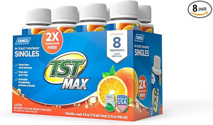 Camco TST MAX RV Toilet Treatment - Formaldehyde Free - Breaks Down Waste And Tissue - Septic Tank Safe - Treats up to 8-40 Gallon Holding Tanks -Orange Scent, (8) 4 oz Bottles (41191)