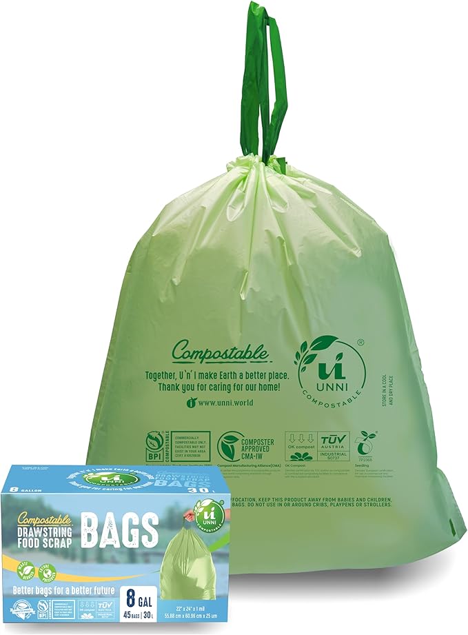 UNNI Compostable Drawstring Bags, 6-8 Gallon, 23-30 Liter, 45 Count, Heavy Duty 1 Mil, Medium Food Scrap Waste Bags, ASTM D6400, US BPI, CMA & Europe OK compost Certified, San Francisco