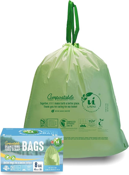 UNNI Compostable Drawstring Bags, 6-8 Gallon, 23-30 Liter, 45 Count, Heavy Duty 1 Mil, Medium Food Scrap Waste Bags, ASTM D6400, US BPI, CMA & Europe OK compost Certified, San Francisco