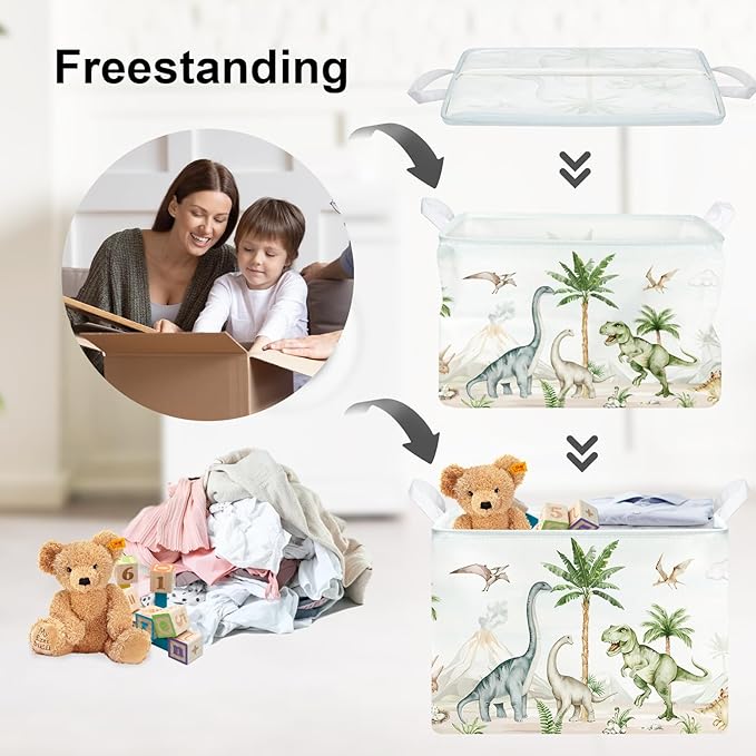 Clastyle Large Dinosaur Kid Storage Basket Baby Laundry Hamper Palm Tree Boy Gift Toy Box Collapsible Clothes Organizer Nursery Bin for Bedroom, Volcano, 40 * 30 * 30 cm