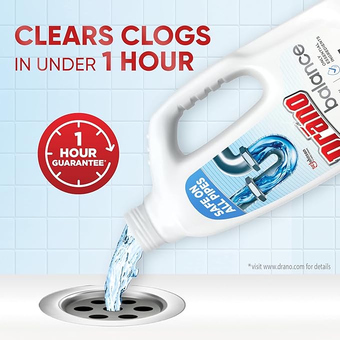 Drano Balance Drain Clog Remover and Cleaner, Non-Corrosive Formula, Safe on All Pipes and Septic Tanks, Formulated Using Only Essential Ingredients, 32 Fl Oz (Pack of 2)