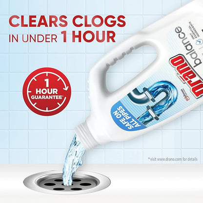 Drano Balance Drain Clog Remover and Cleaner, Non-Corrosive Formula, Safe on All Pipes and Septic Tanks, Formulated Using Only Essential Ingredients, 32 Fl Oz (Pack of 2)