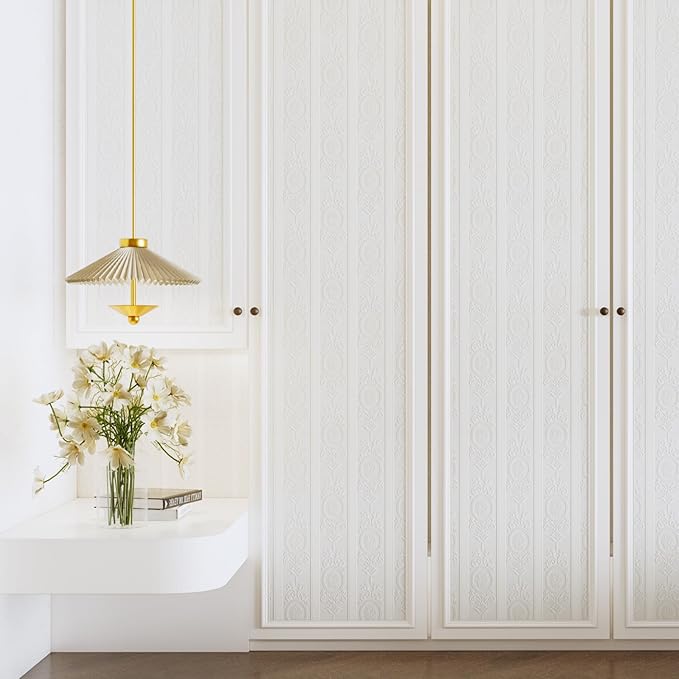 JiffDiff Wallpaper Peel and Stick Textured,3D Embossed Wall Paper Stick on Wallpaper Modern Waterproof Self Adhesive Contact Paper(17.3" x 1200",White)