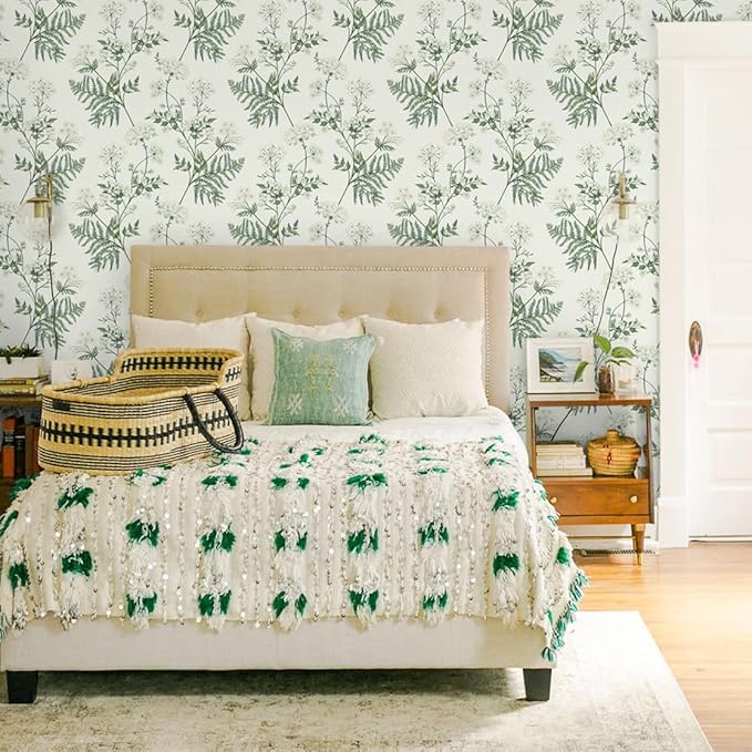 Timeet Green Floral Wallpaper Peel and Stick Floral Leaf Contact Paper 16.14"x393.7" Green White Flower Wallpaper Removable Self Adhesive Wall Paper for Walls Covering