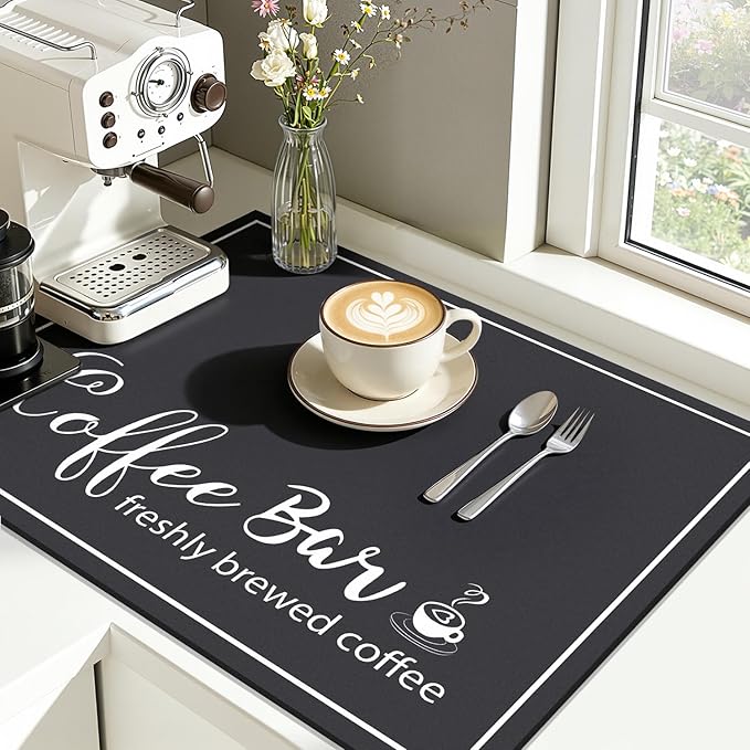 Findosom 12"x 20" Dish Drying Mat, Super Absorbent & Cuttable Coffee Mat, Hide Stain Bar Mat for Kitchen Counter, Coffee Bar Accessories, Black