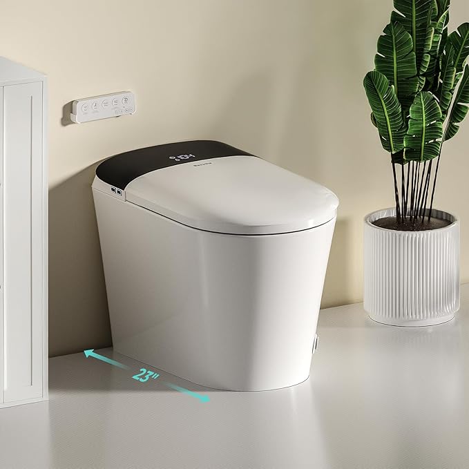 Smart Compact Toilet for Small Bathroom, 23" Depth Shallow Toilet with Foam Shield Auto Open/Close Lid, 12" Rough In, Built-in Tank, Heated Seat Foot Sensor Flush One-Piece (ZY695A Mini)