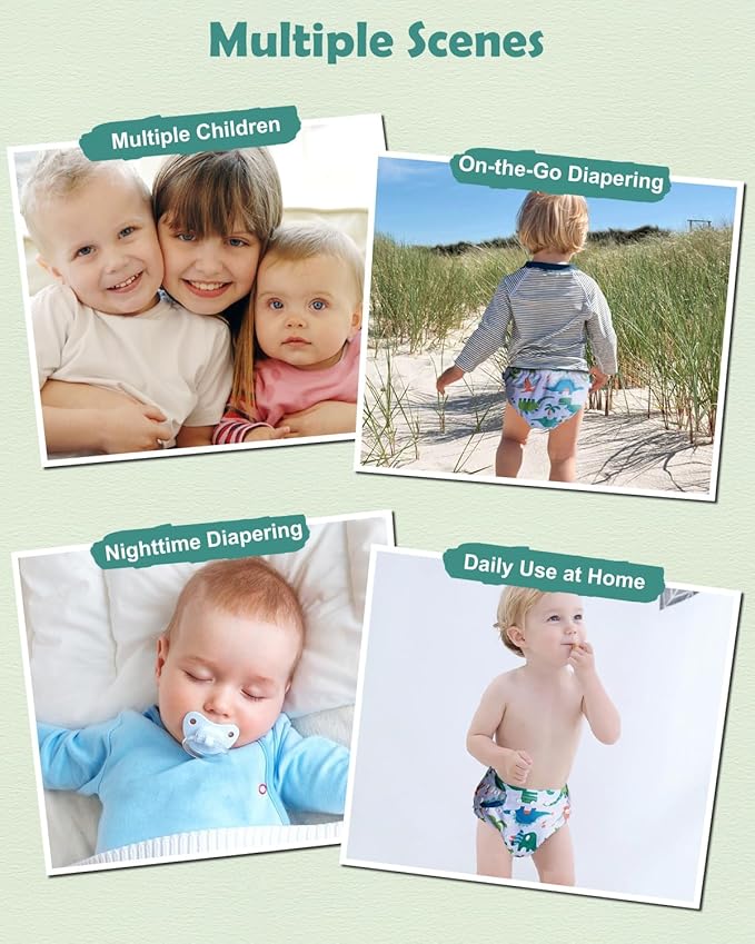 babygoal Dinosaur Cloth Diapers Pack of 13, Baby Reusable Washable Pocket Nappy, 6pcs Diapers+6pcs Rayon from Bamboo Inserts+Wet Bag