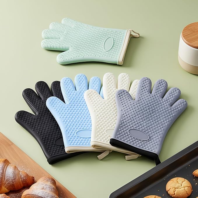 Silicone Oven Mitts Heat,1 Pair Non-Slip Five-Finger Oven Gloves, Waterproof Flexible BBQ Grilling Gloves with Hanging Loops, Kitchen Mitts for Baking Cooking Frying (White)
