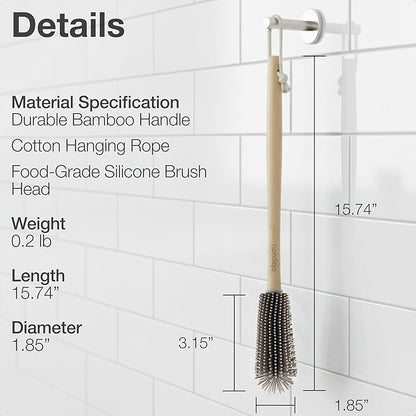 Extra Long Bottle Brush – 16" Bamboo Handle & Flexible Hygienic Silicone Head – Compatible with Sodastream (Not Aqua Fizz), Aarke Plastic Bottles, Vases, Tumblers | BPA Free | Scratch-Free