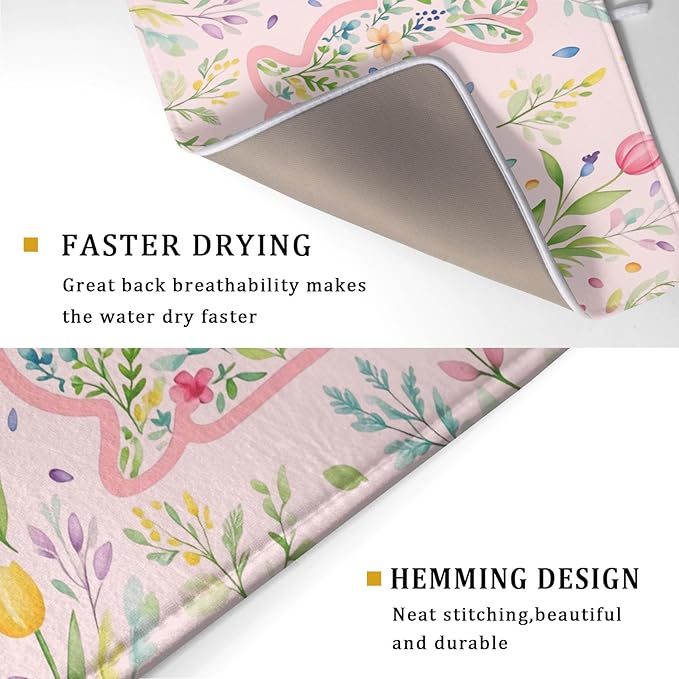 Spring Easter Bunny Flowers Pink Dish Drying Mat 18 x 24 Inch With Absorbent Reversible Microfiber Butterfly Tulip Floral Rabbit Holiday Drying Mats Fast Dry Pad Draining Mat For Kitchen Countertop