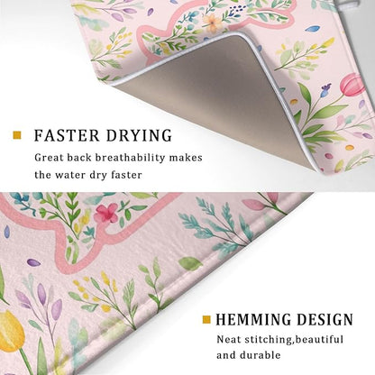 Spring Easter Bunny Flowers Pink Dish Drying Mat 18 x 24 Inch With Absorbent Reversible Microfiber Butterfly Tulip Floral Rabbit Holiday Drying Mats Fast Dry Pad Draining Mat For Kitchen Countertop