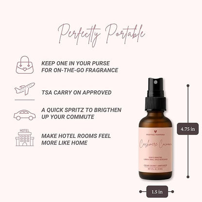 Cashmere Cocoon Luxury Small Space Air & Linen Freshener Spray - Creamy Coconut + Amber Musk - Artisan Blended Home Fragrance - Non Toxic Room Spray + Odor Eliminator - 2 oz Travel Size