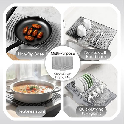 Large Premium Silicone Dish Drainers for Kitchen Counter - 18.5"x13" Non-Slip, Heat-Resistant (450°F) with Hanging Hole, Multi-Use Dish Rack Mat (Gray)