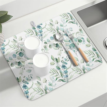 Watercolor Sage Leaves Dish Drying Mats for Kitchen Counter 16x18 Inch,Spring Leaves Kitchen Drying Mat,Sage Herbs Dishes Pad Dish Drainer Rack Mats Absorbent Fast Dry Kitchen Accessories