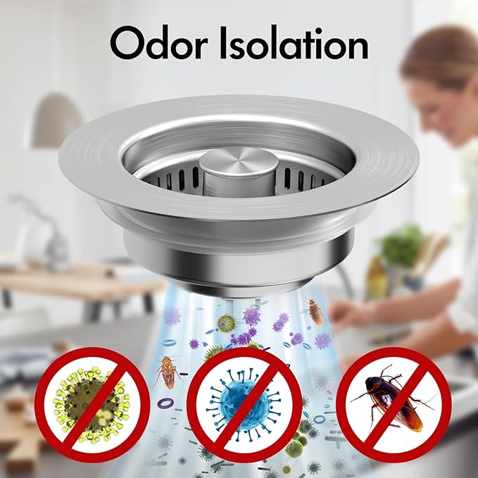 3 in 1 Kitchen Sink Drain Strainer & Sink Stopper, 304 Stainless Steel Pop Up Sink Drain Stopper with Anti-Clogging Basket for US Standard (Silver)