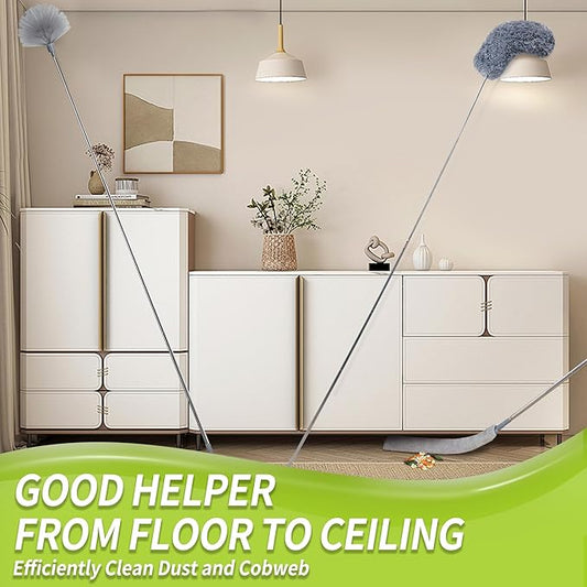 Duster with Extension Pole, Skinny Duster/Under Appliance Cleaning Tool & Spider Web Brush & Ceiling Cleaner, 100" Microfiber Feather Cleaner with Washable Head for Fan Furniture Wall