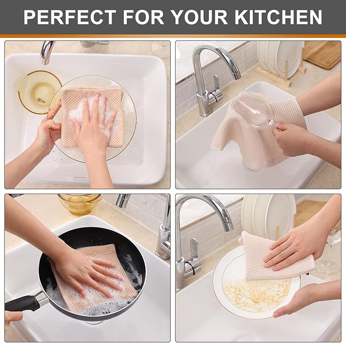 Kitinjoy 100% Cotton Kitchen Dish Cloths (12 X 12 Inches, Beige), 6-Pack Waffle Weave Dish Towels for Drying Dishes Super Soft Absorbent Quick Drying Dish Rags