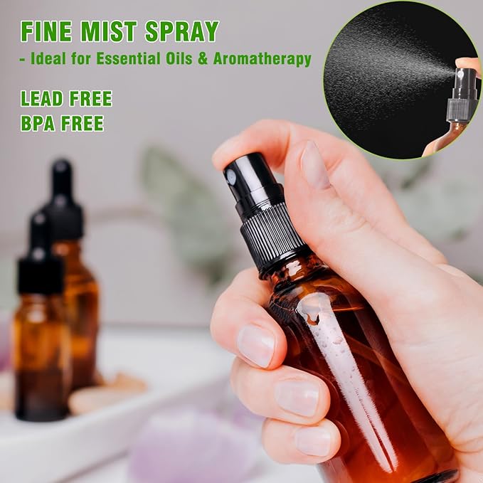 2oz Amber Glass Spray Bottles for Essential Oils, Hair, Skincare, Cleaning & Travel,2-Pack Small Empty Spray Bottle