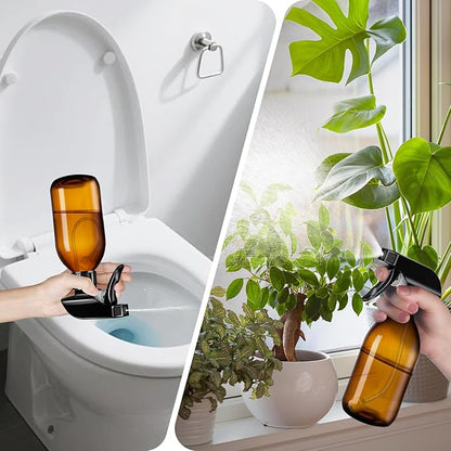 Tecohouse Amber Glass Spray Bottles 8oz, 2 Pack 360° Water Spray Bottle for Cleaning Upside Down Spray Bottles Mister Squirt Bottle with Adjustable Nozzle for Hair, Plant, Pet