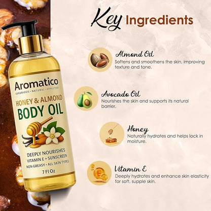 Aromatico Honey & Almond Body Oil for Women – 7 fl oz | Moisturizing After Shower Body Oil for Daily Use | Cozy & Creamy Fragrance