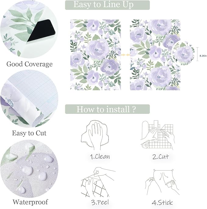Orainege Floral Wallpaper Peel and Stick Wallpaper Floral Contact Paper 16.9in x118.1in Boho Peony Self Adhesive Removable Wall Paper for Bedroom Decor Vinyl, Purple