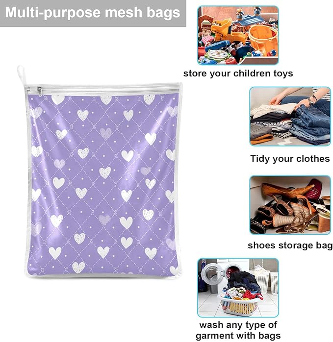 Mesh Laundry Bags Lingerie Bags for Washing Delicates 2 PCS Durable Wash Bag with Zipper Small and Medium Washable Diamond Grid Purple Hearts