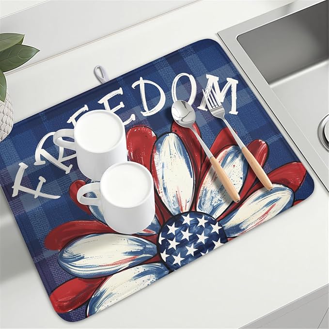 4th of July Dish Drying Mat 24x18 Inch, Patriotic Drying Mat with Absorbent Reversible Microfiber, Independence Day Dish Drainer Mats Memorial Day Rack Pad for Coffee Countertop Kitchen Protector