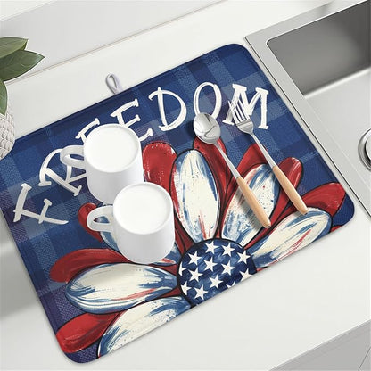 4th of July Dish Drying Mat 24x18 Inch, Patriotic Drying Mat with Absorbent Reversible Microfiber, Independence Day Dish Drainer Mats Memorial Day Rack Pad for Coffee Countertop Kitchen Protector