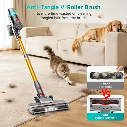 Cordless Vacuum Cleaner: Portable 6-in-1 Stick Vacuum with Anti-Tangle Brush, LED Headlight, Self-Standing, HD Display, Rechargeable Vacuum for Pet Hair, Low-Pile Carpet and Hardwood Floor-Green