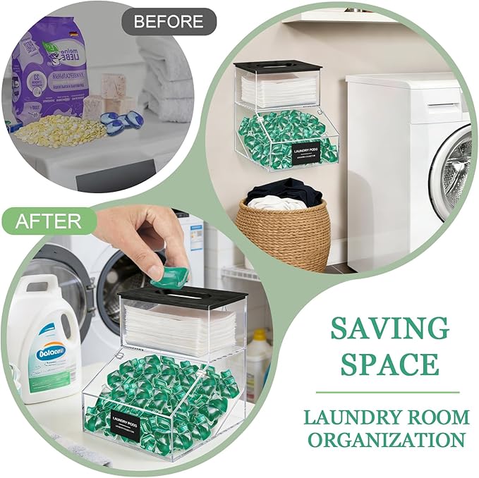 2 in 1 Dryer Sheet Holder & Laundry Pods Container, Laundry Detergent Organizer Container with Lid, Acrylic Laundry Room Organization Storage Containers with Labels, Dishwasher Pod Holder