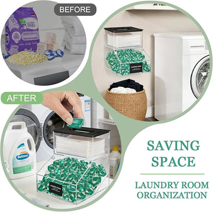 2 in 1 Dryer Sheet Holder & Laundry Pods Container, Laundry Detergent Organizer Container with Lid, Acrylic Laundry Room Organization Storage Containers with Labels, Dishwasher Pod Holder