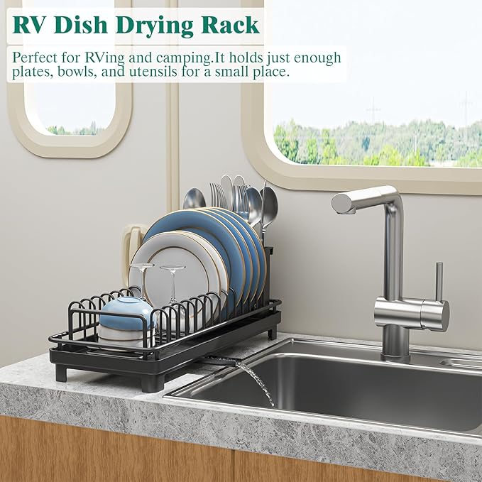 XYZLVSI Small Sink Dish Drying Rack with Drainboard, Compact Dish Drainer for Kitchen Countertop, Rustproof Plate Organizer with Utensil Holder, Black