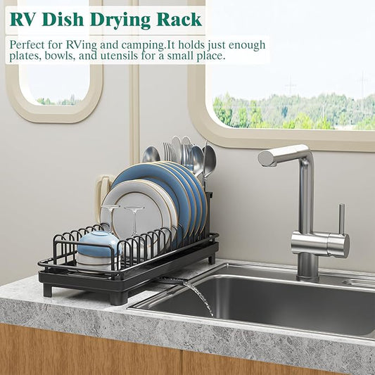 XYZLVSI Small Sink Dish Drying Rack with Drainboard, Compact Dish Drainer for Kitchen Countertop, Rustproof Plate Organizer with Utensil Holder, Black