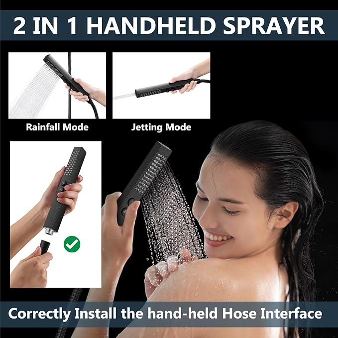 Aolemi Shower Faucet Set Ceiling Mount Shower System Rough-in Valve and Shower Trim Kit 2 in 1 Handheld Spray Push Button Diverter 10 and 6 Inch Dual Shower Head Matte Black