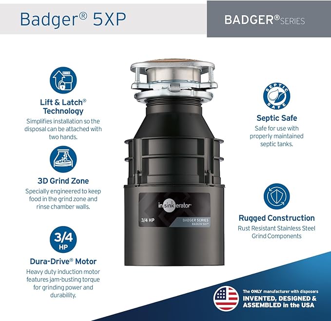 InSinkErator Badger 5XP Garbage Disposal, Standard Series 3/4 HP Continuous Feed Food Waste Disposer, Black / Stainless