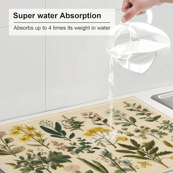 Floral Microfiber Dish Drying Mat XL for Kitchen Counter Absorbent Large Dish Drying Pads Reusable Washable Plants Herbs Draining Mat 18x24 Inch