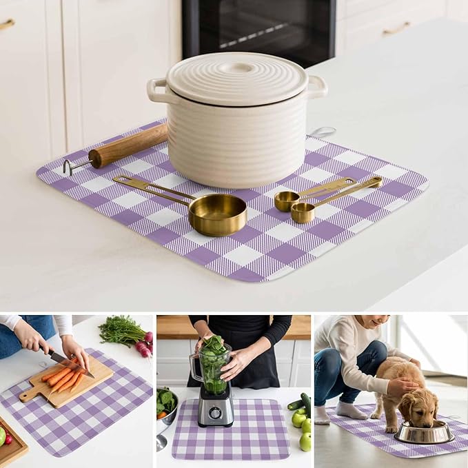 Dish Drying Mat Purple Buffalo Check Plaid Drying Mats for Kitchen Counter Farmhouse Style Absorbent Microfiber Dish Drainer Quick Drying Coffee Mat with Hanging Loop, 18 x24 inch