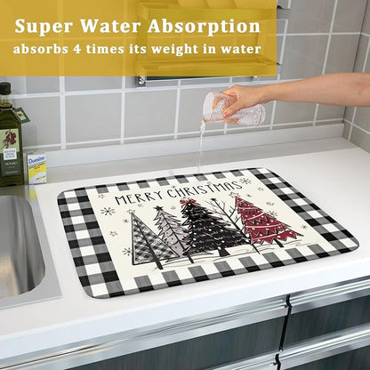 Merry Christmas Tree Dish Drying Mat for Kitchen Counter 18x24 Inch Black Red Grey Xmas Plaid Print Absorbent Reversible Microfiber Drying Mats Kitchen Countertop Protector Dishes Drainer Rack Pad