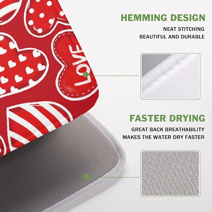 Valentines Day Dish Drying Mat for Kitchen Counter Red Polka Dot Stripe Love Heart Pattern Drying Mat 16x18 Inch Valentines Holiday Absorbent Dish Drainer Mat Kitchen Accessories