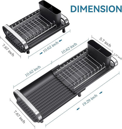 Small Dish Drying Rack, Mini Expandable Compact Dish Rack, Slim Extendable Stainless Steel Dish Drainer for Kitchen Plate Storage, Space Saving Dish Strainer in Sink or on Home Countertop, Black