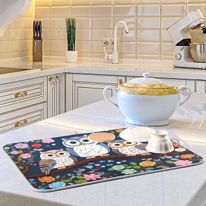 Dish Drying Mat Kitchen Counter Absorbent Three Owls Coffee Sink Mat Dish Drainer Pad 18 Inch x 16 Inch